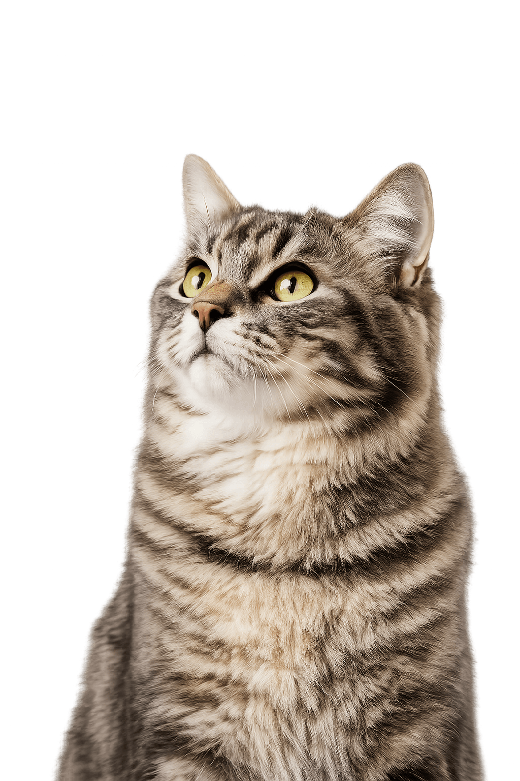 A tabby cat, the face of the Cat's Favour brand, looking up